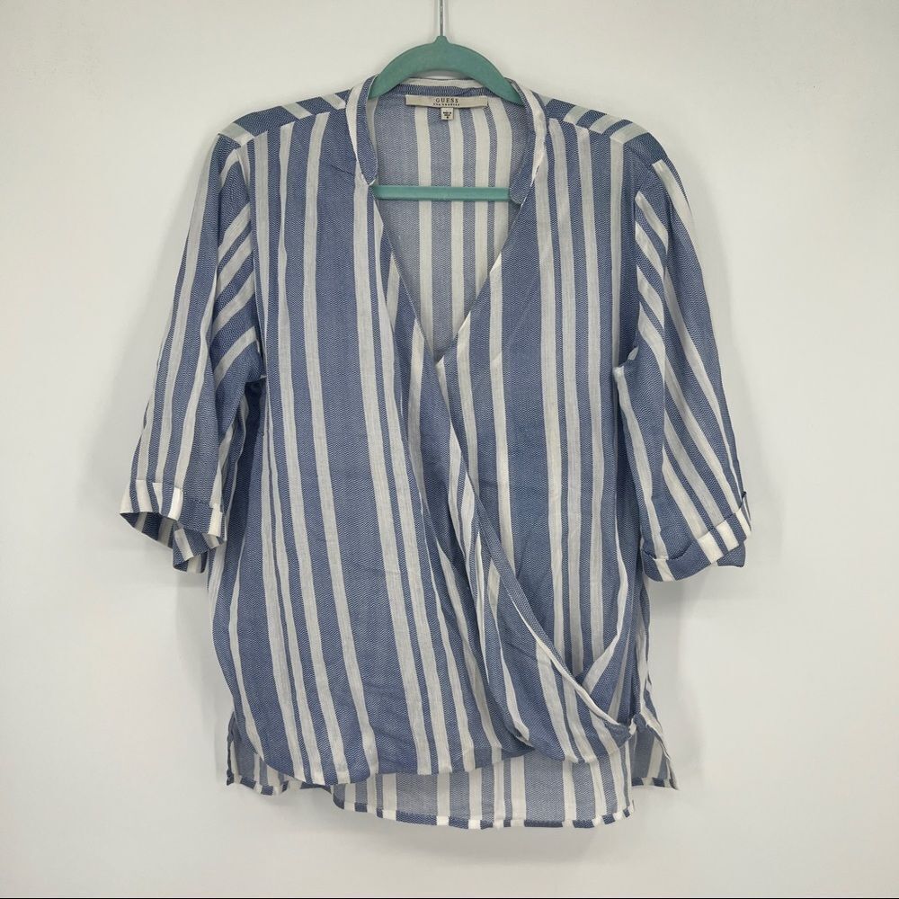Guess Los Angeles Wrap Front Surplice Striped V-neckline Short Sleeves Blouse